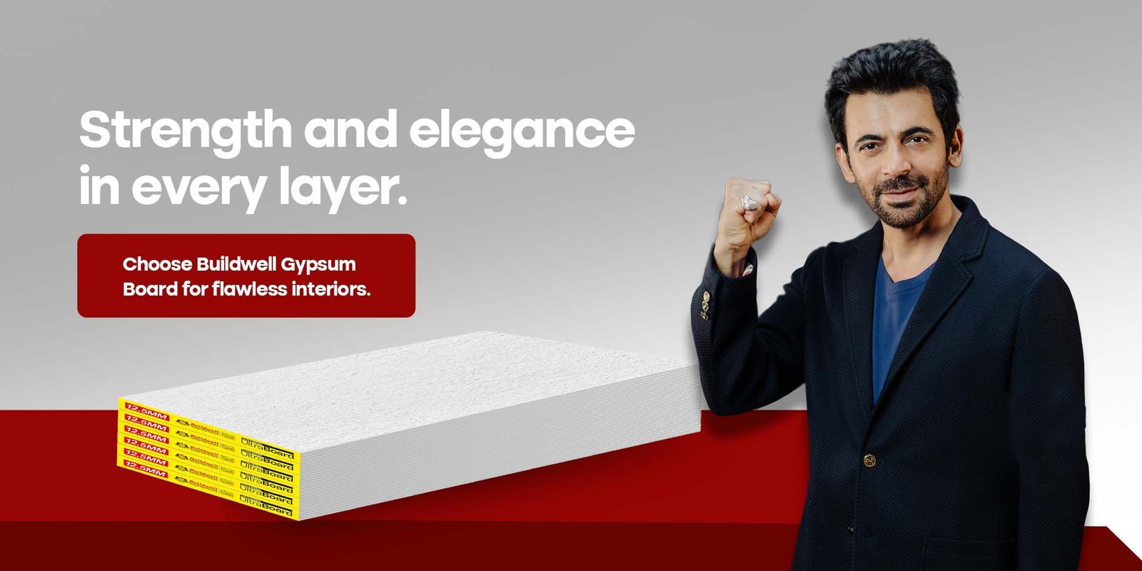 Actor endorsing Buildwell Gypsum Board with tagline strength and elegance in every layer, showing durable gypsum boards for flawless interiors
