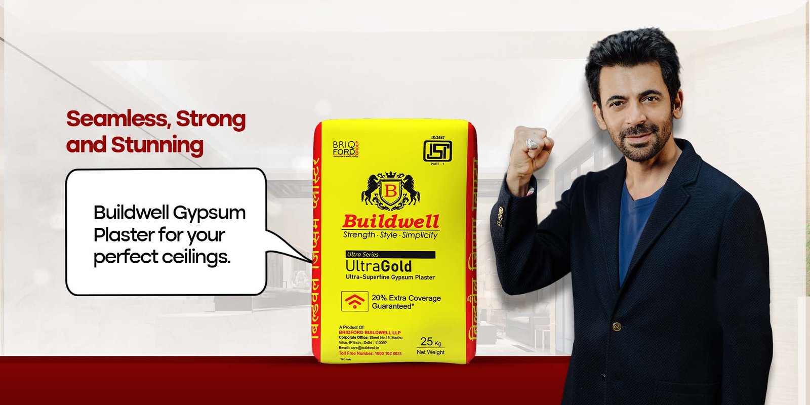 Actor endorsing Buildwell Gypsum Plaster UltraGold with tagline seamless, strong and stunning, showing 25kg plaster bag for perfect ceilings
