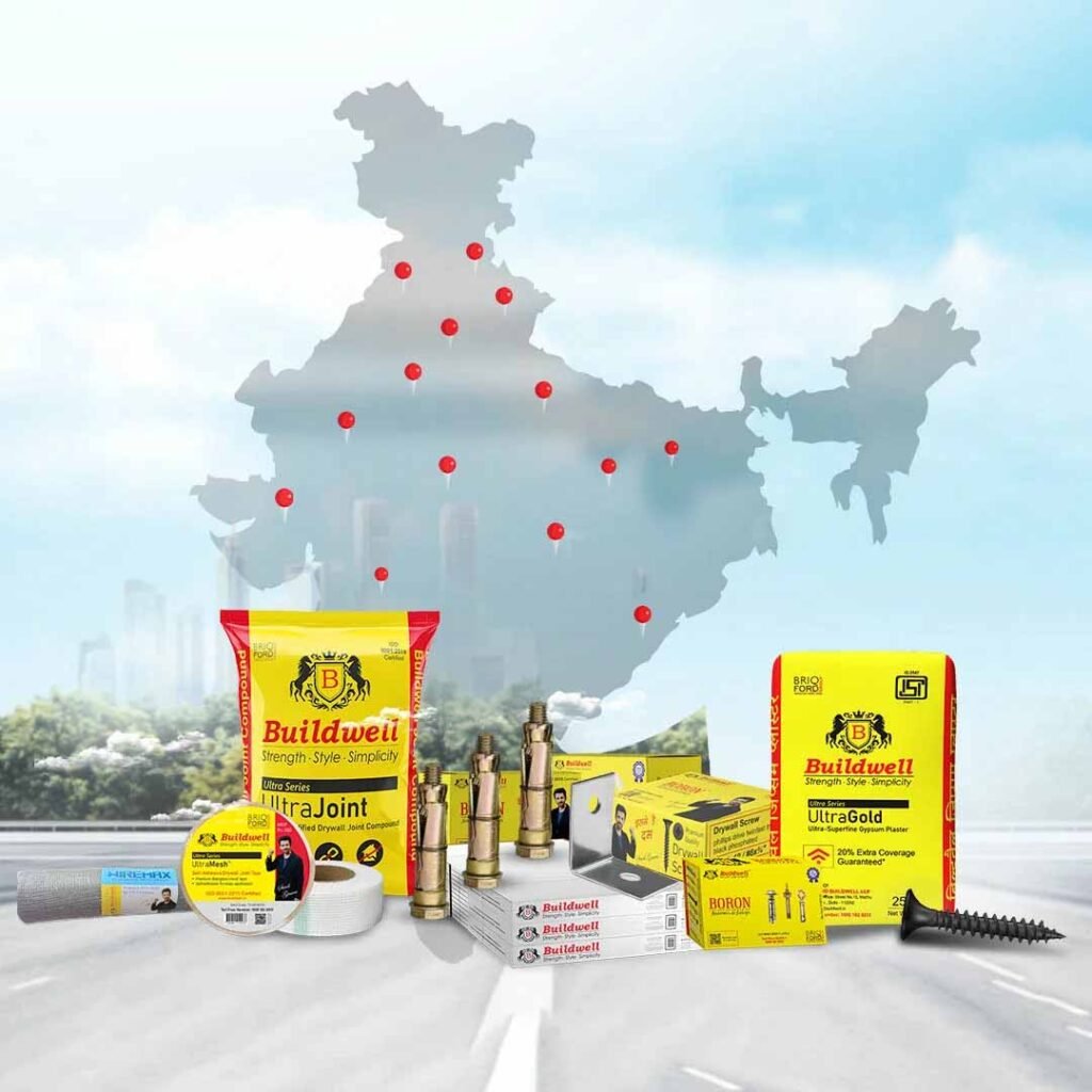 Buildwell product range displayed in front of India map showing availability across 30 cities
