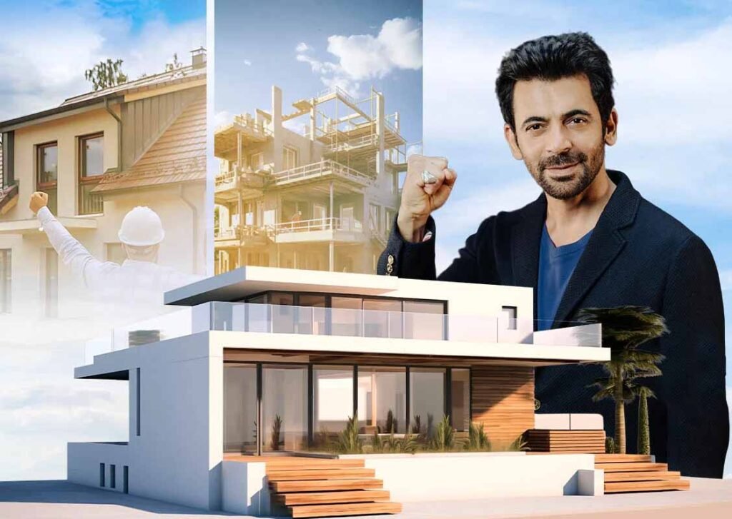 Buildwell construction industry visual showing modern building, construction site, and contractor with confident pose