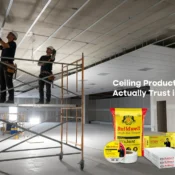 Workers installing ceiling frames using Buildwell materials, the best ceiling products brand in India for reliable performance