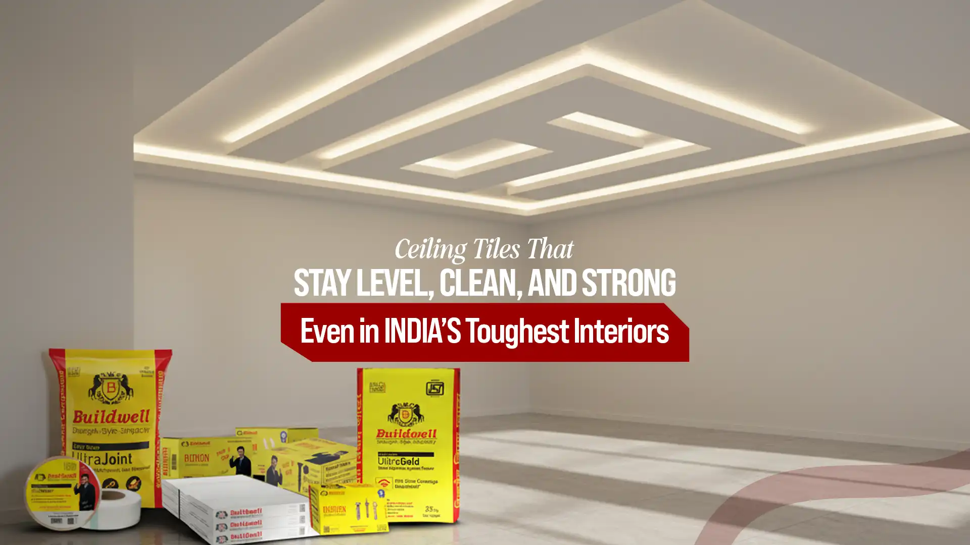 High-quality ceiling tiles in a modern interior with Buildwell ceiling products displayed below