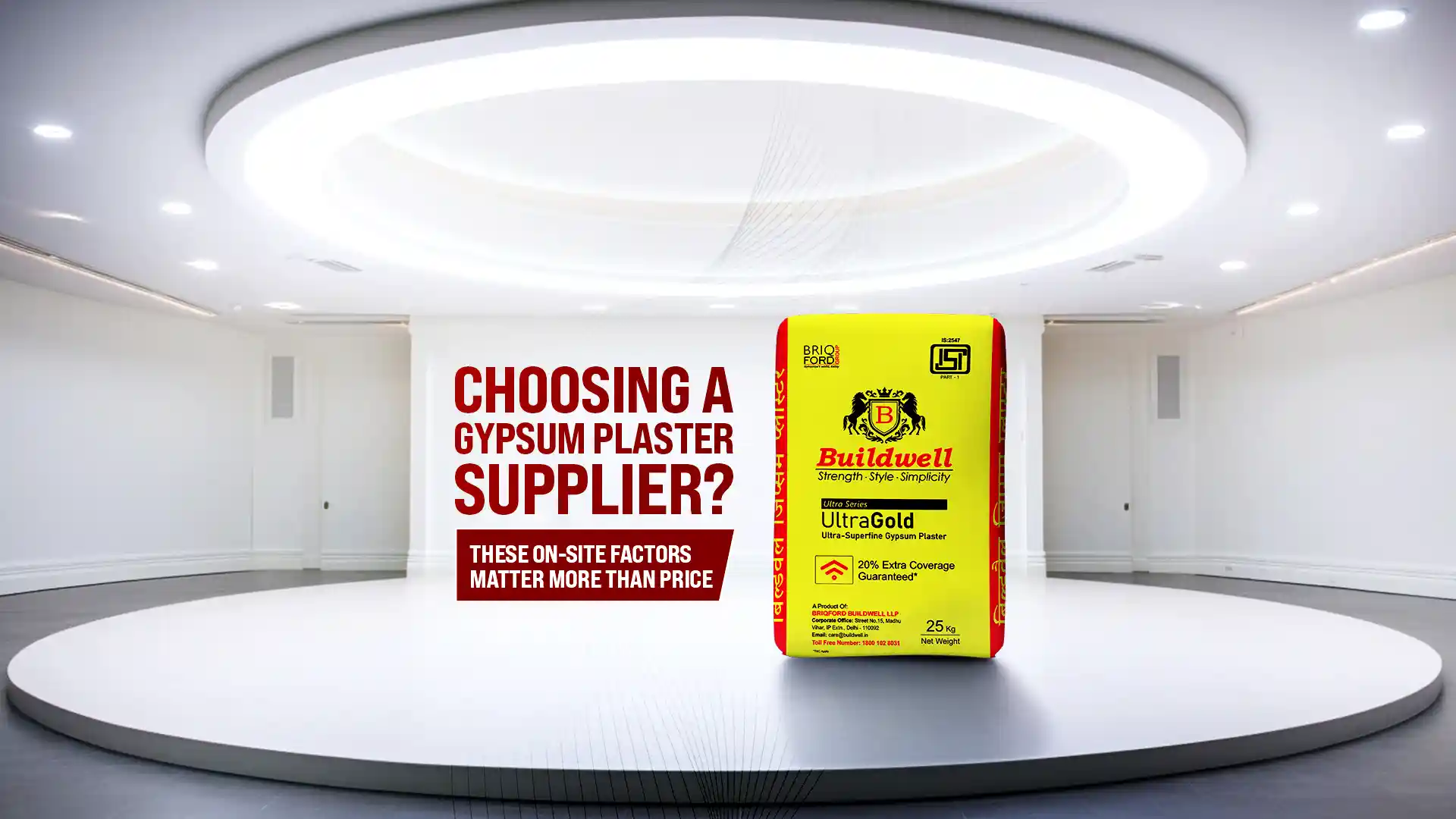 Buildwell UltraGold gypsum plaster pack displayed in a modern interior, highlighting factors for selecting the best gypsum plaster supplier in India