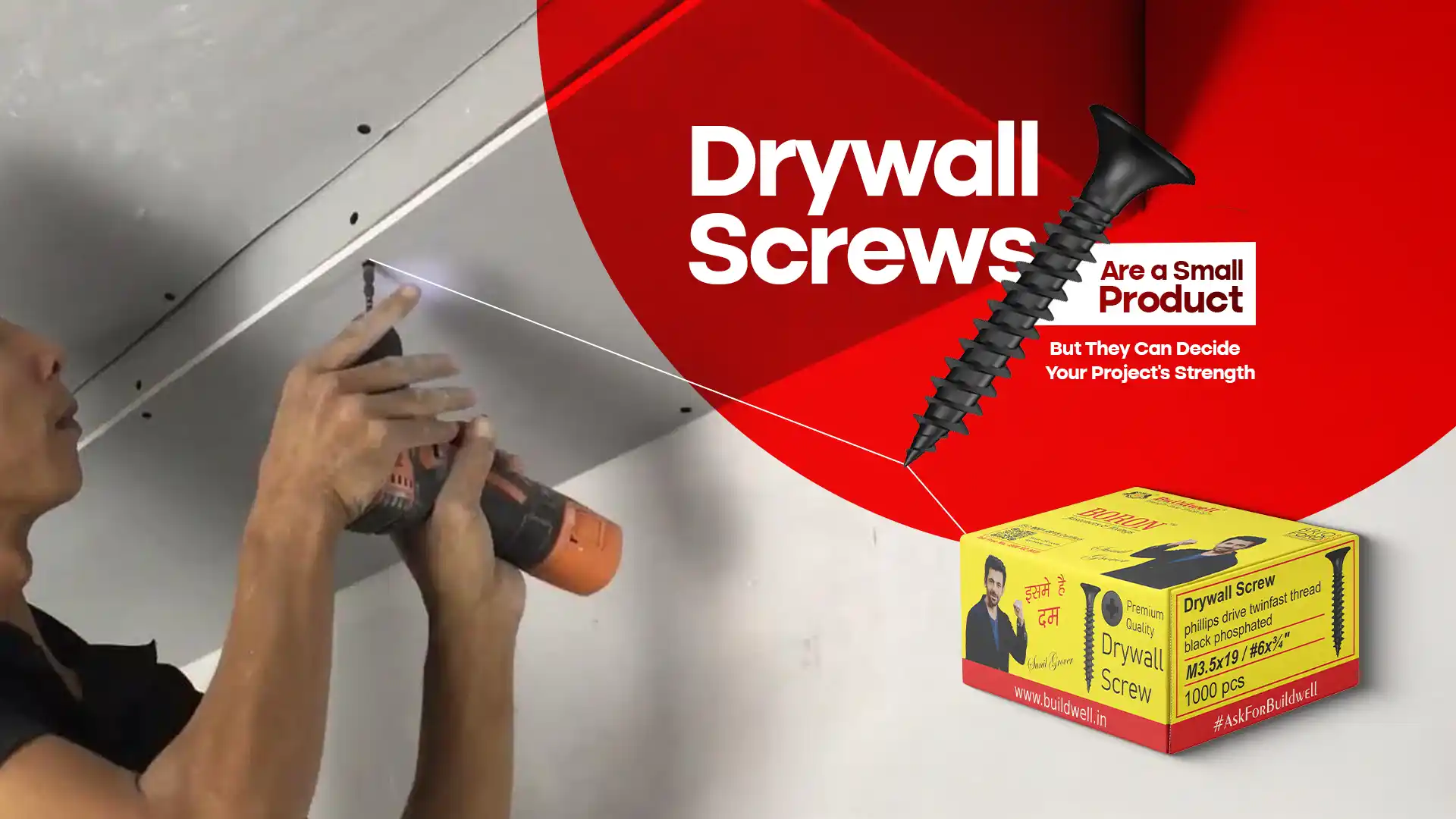 Worker installing ceiling board using a power drill and premium Drywall Screw for strong and durable construction results.