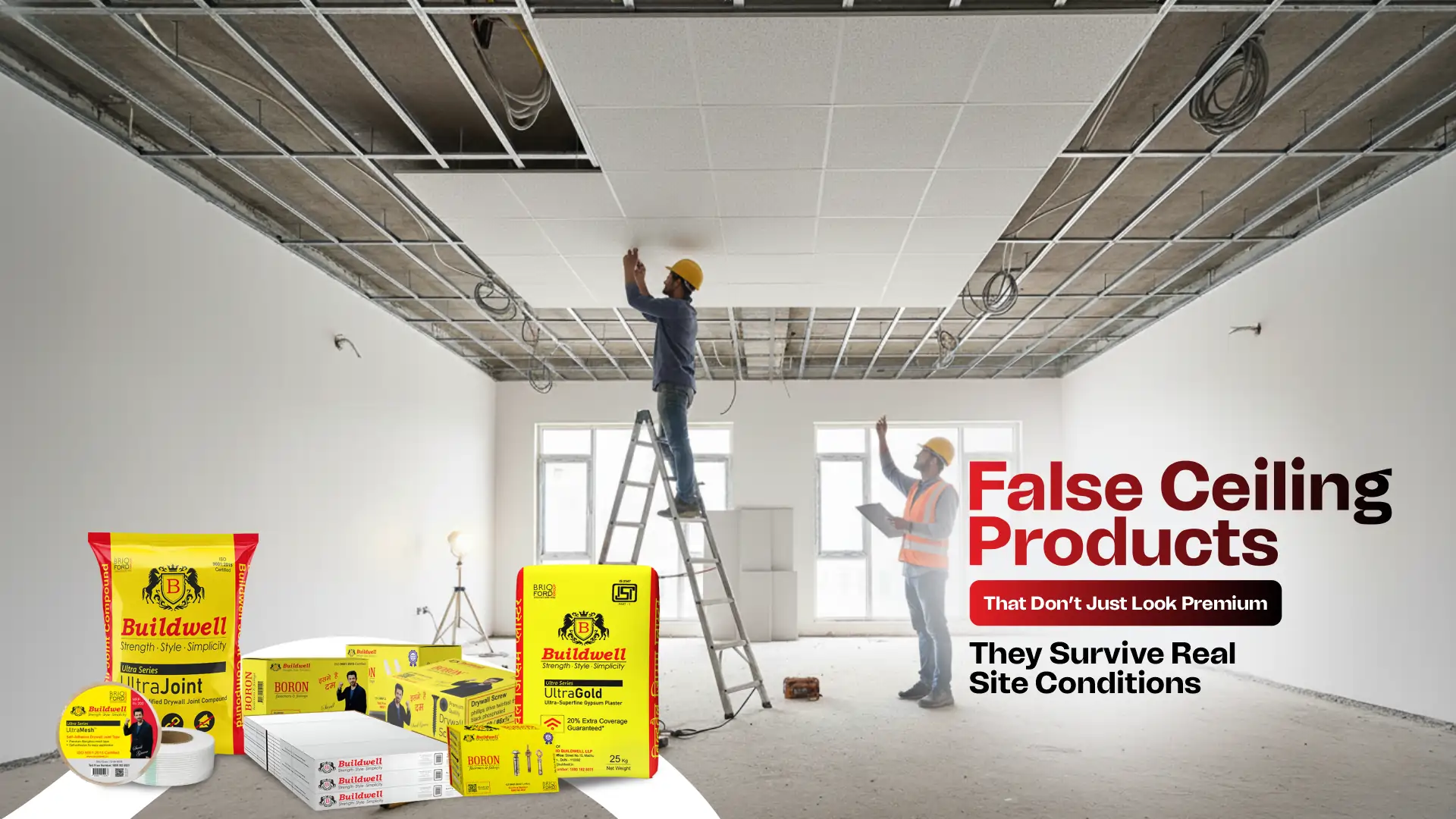 Workers installing ceiling tiles using Buildwell materials — the Best False Ceiling and Interior Products in India