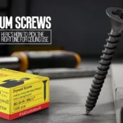 Buildwell Gypsum Screw box and close-up of a black gypsum screw for ceiling and drywall installation.