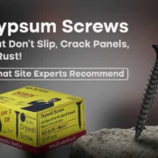 Premium Gypsum Screw for secure fixing shown with Buildwell drywall screw box on concrete surface
