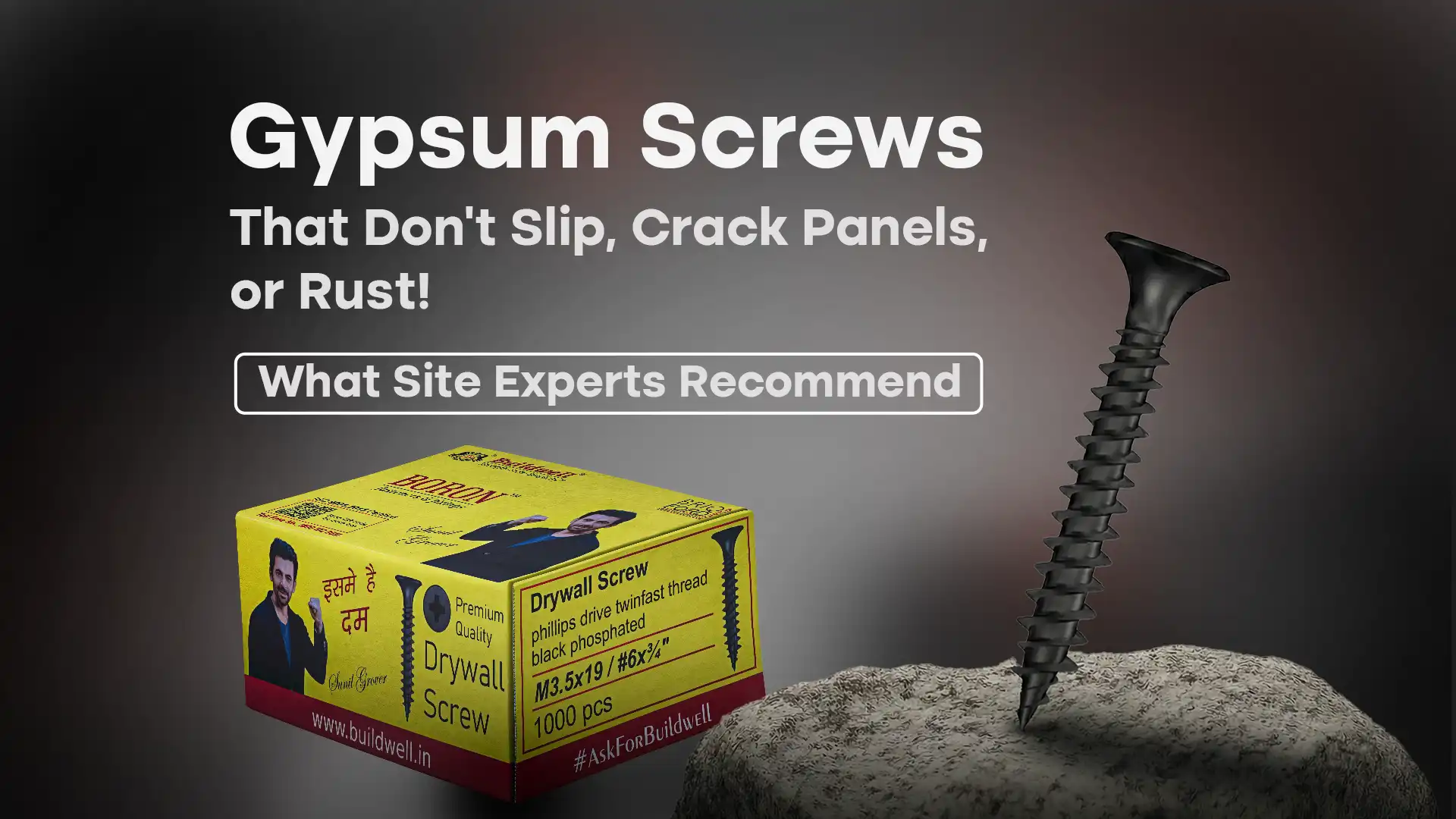 Premium Gypsum Screw for secure fixing shown with Buildwell drywall screw box on concrete surface