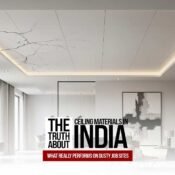 Modern living room interior with cracked false ceiling, highlighting the importance of choosing durable ceiling materials