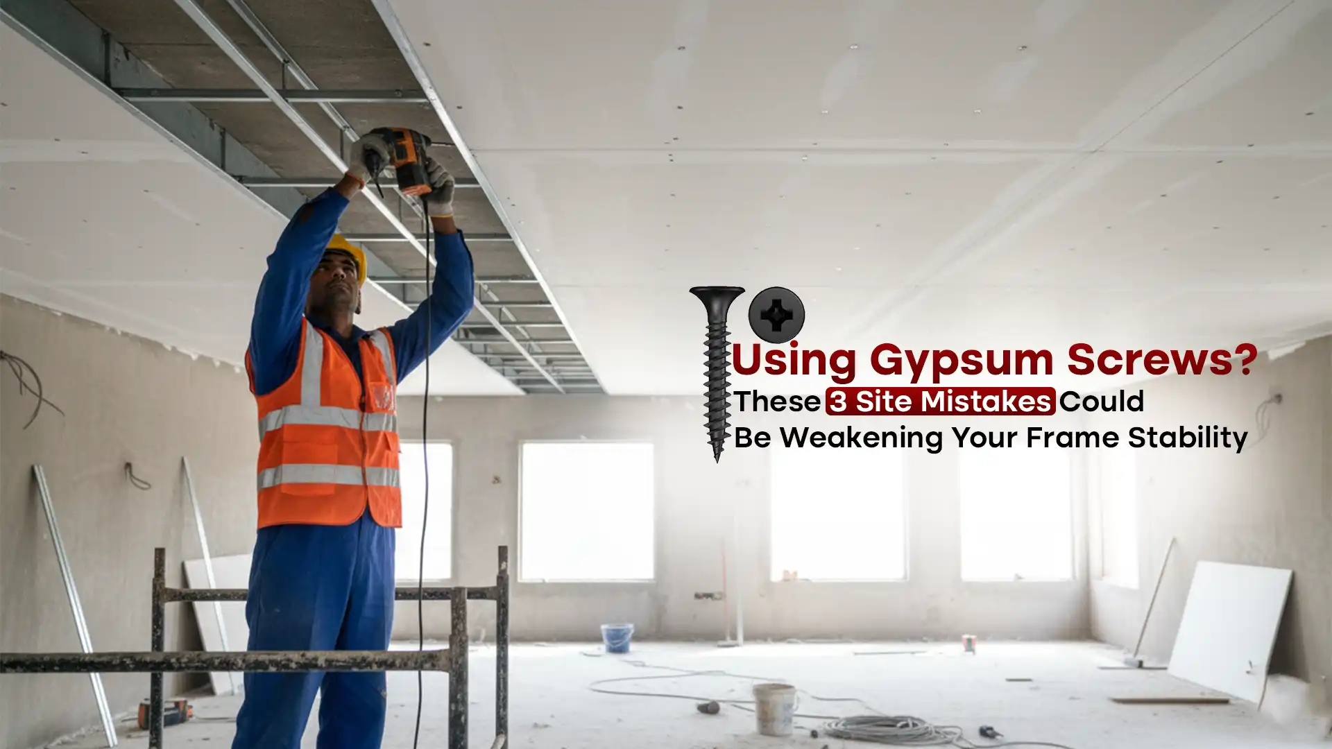 Worker fastening ceiling frame with a drill and gypsum screw, showing common site-level installation errors