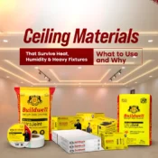 Buildwell ceiling materials including gypsum plaster, joint compound, drywall screws, mesh tape, and ceiling boards displayed in a modern false ceiling room setup.