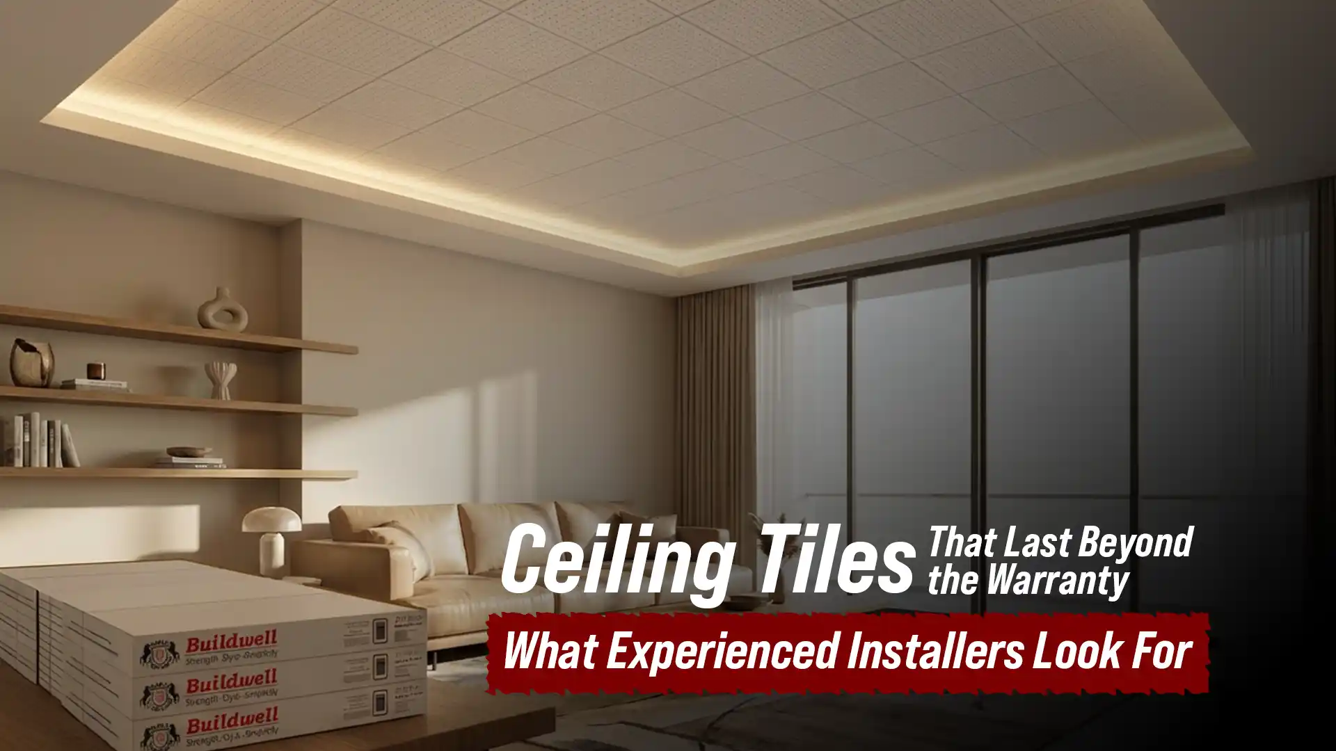 Ceiling tiles installed in a modern living room with soft lighting and Buildwell packaging on a table