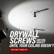 Close-up of failed drywall screws causing cracks in a ceiling, highlighting the importance of choosing the right drywall screw for safe ceiling installation.