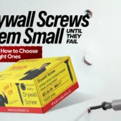 Person fastening a drywall screw into a ceiling surface with a Buildwell drywall screw box placed nearby