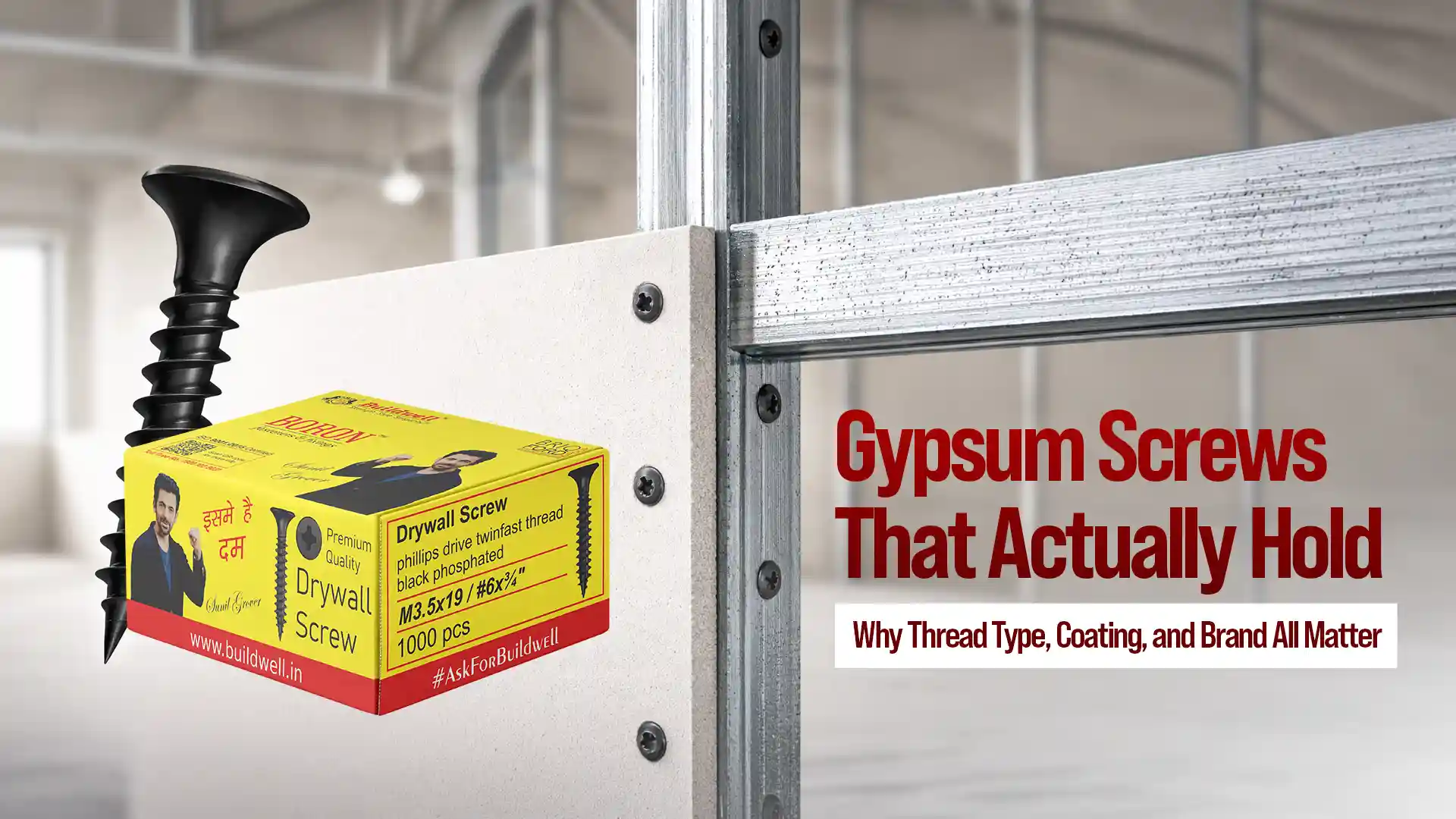 Gypsum screw fixed into metal stud frame securing gypsum board with strong grip and durability