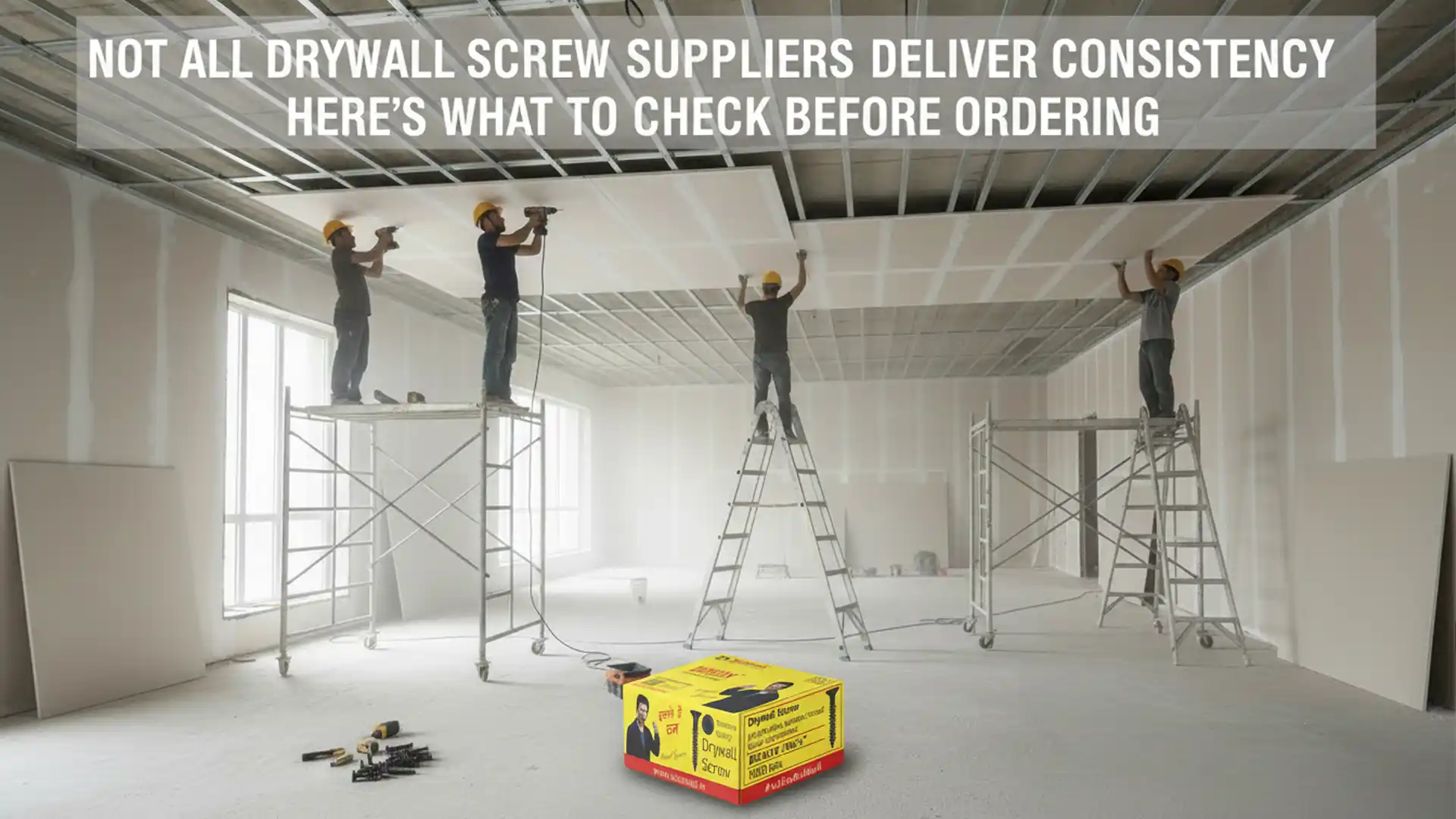 Workers installing ceiling boards using premium drywall screws on scaffolding; Buildwell screw box displayed, representing a reliable drywall screw supplier in India