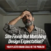 Frustrated homeowner inspecting uneven wall finish, highlighting the need for the best gypsum plaster brand in India for quality results