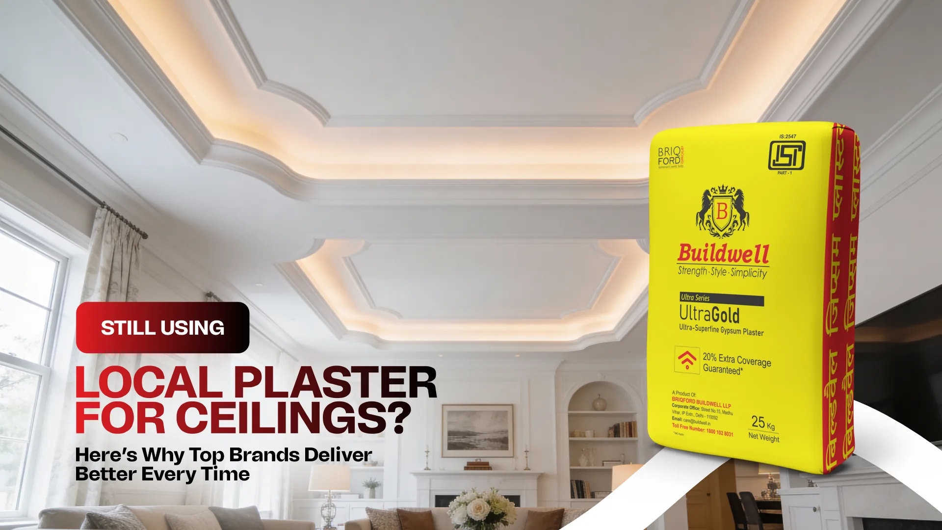 Elegant false ceiling finished with premium gypsum plaster from the best gypsum plaster brand in India, ensuring smooth texture and long-lasting ceiling performance.