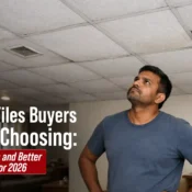 Homeowner inspecting ceiling tiles showing common quality issues, maintenance concerns, and buyer regret