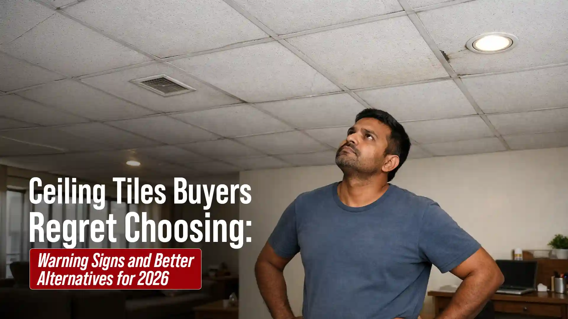 Homeowner inspecting ceiling tiles showing common quality issues, maintenance concerns, and buyer regret