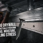 Drywall screw fixed into metal framing, demonstrating how a drywall screw performs under load, moisture, and ceiling stress