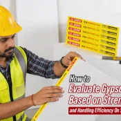 Contractor inspecting gypsum boards for strength, finish quality, and on-site handling efficiency