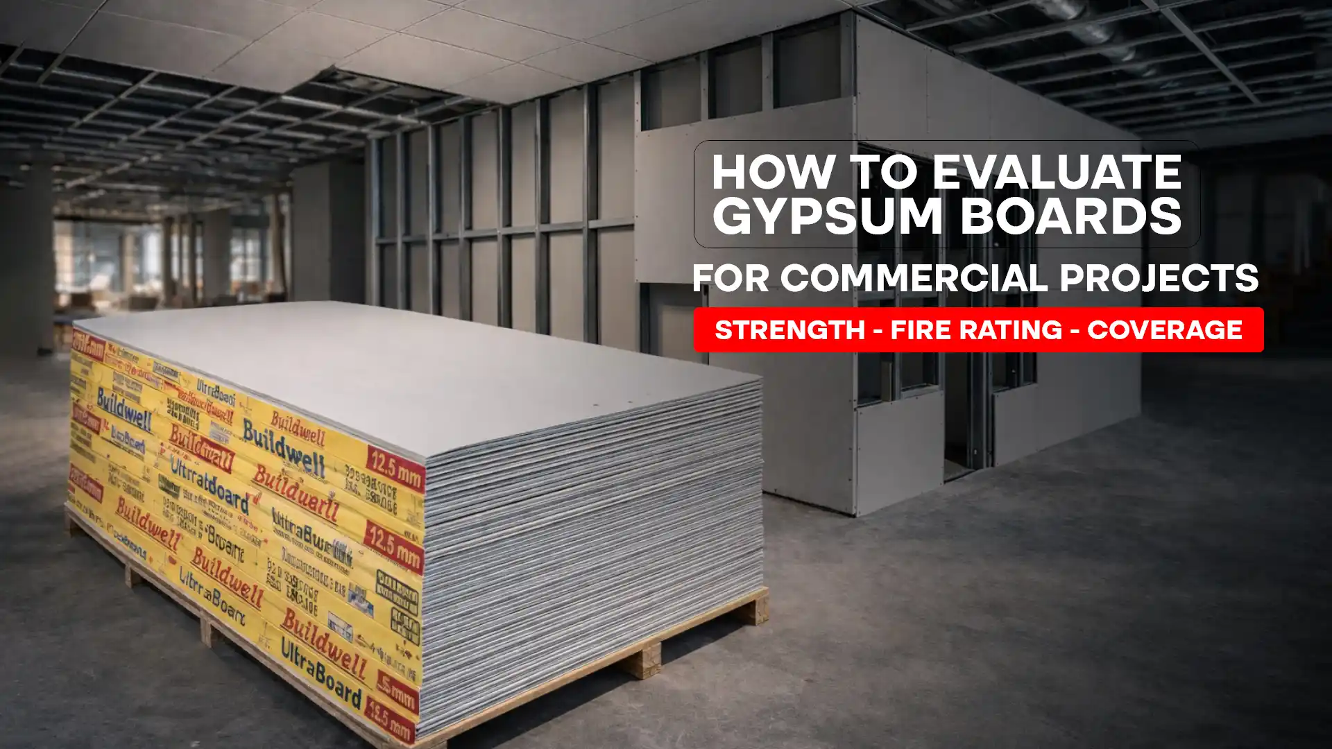 Stacked gypsum boards at a commercial site, highlighting strength, fire rating, and coverage considerations for gypsum boards