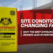 Best gypsum plaster brand in India showing high-performance plaster used on construction sites with changing conditions