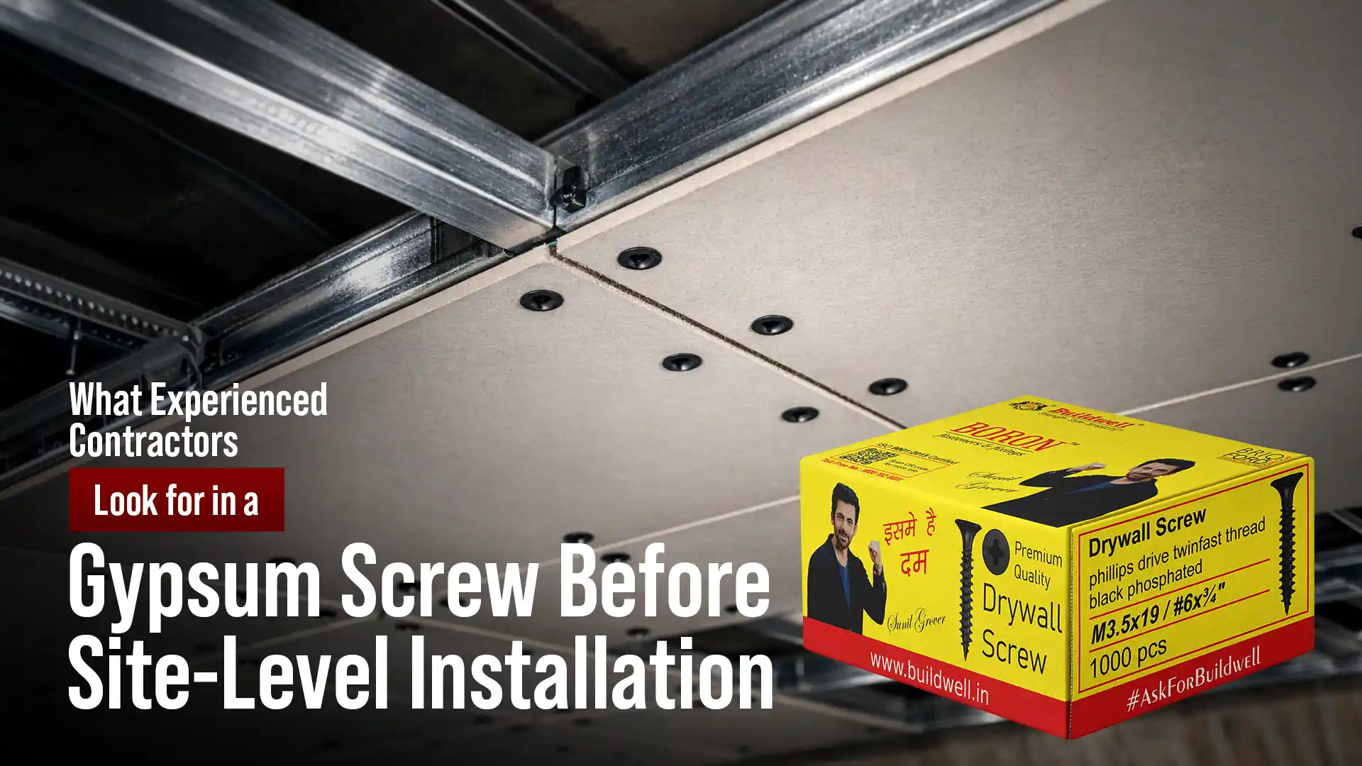 Gypsum Screw used for securing drywall boards to metal framing during ceiling installation with precise spacing and strong grip