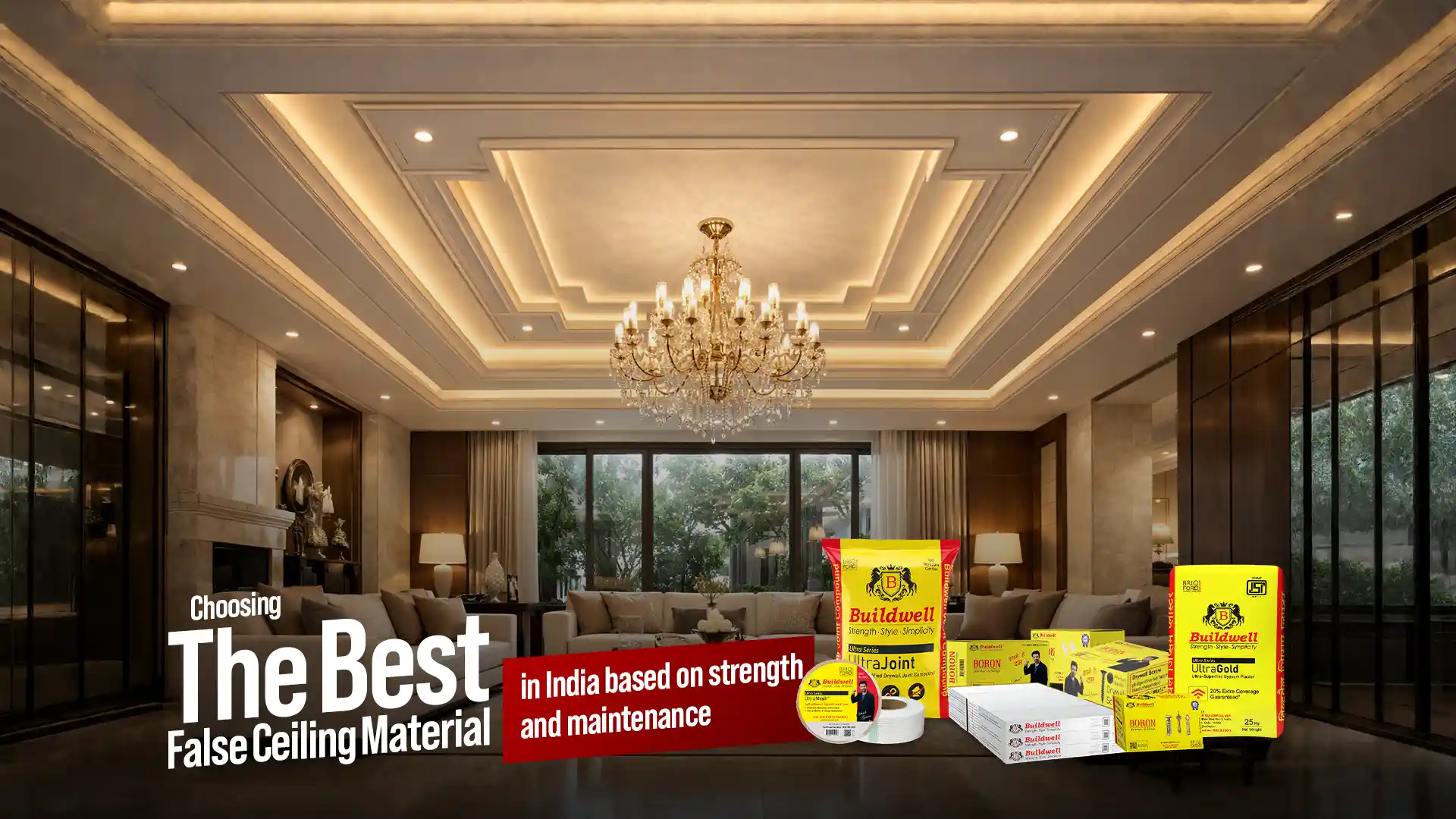 Modern living room with decorative false ceiling design showcasing the Best False Ceiling Material in India for durability and easy maintenance