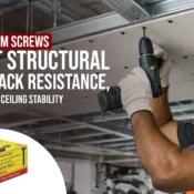 Worker installing ceiling board using drill and gypsum screw for strong structural hold and long-term crack resistance