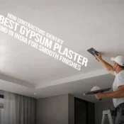 Contractor applying ceiling finish using the best gypsum plaster brand in India for smooth and crack-free surfaces