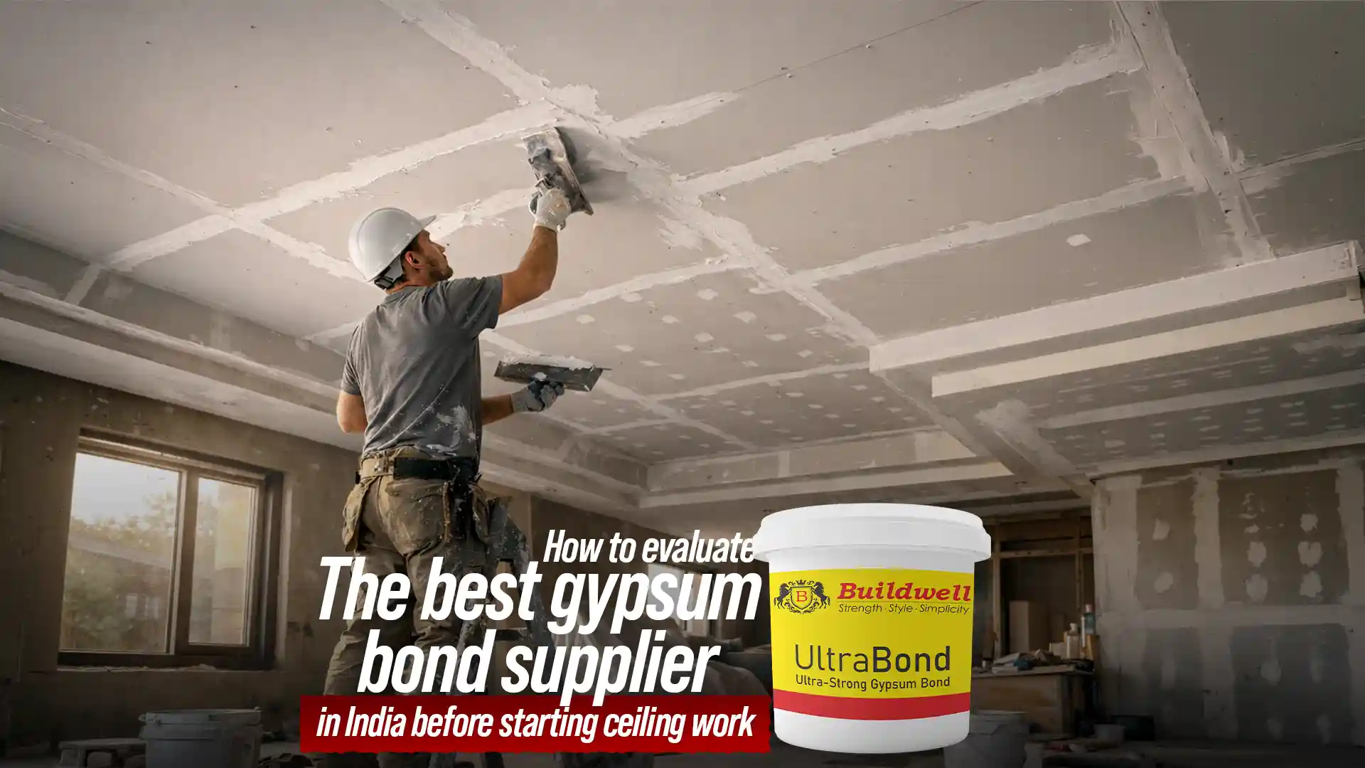 Worker applying gypsum plaster on ceiling using product from the best gypsum bond supplier in India for durable ceiling finish