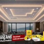 Modern living room interior with layered false ceiling design showcasing ceiling and gypsum plaster products for smooth, crack-free finishes