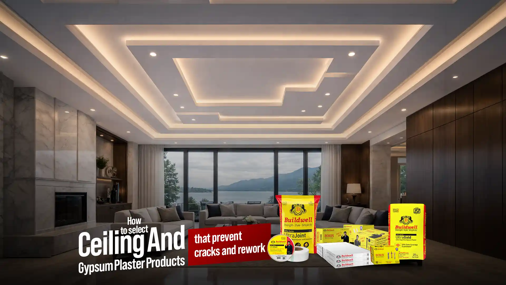 Modern living room interior with layered false ceiling design showcasing ceiling and gypsum plaster products for smooth, crack-free finishes