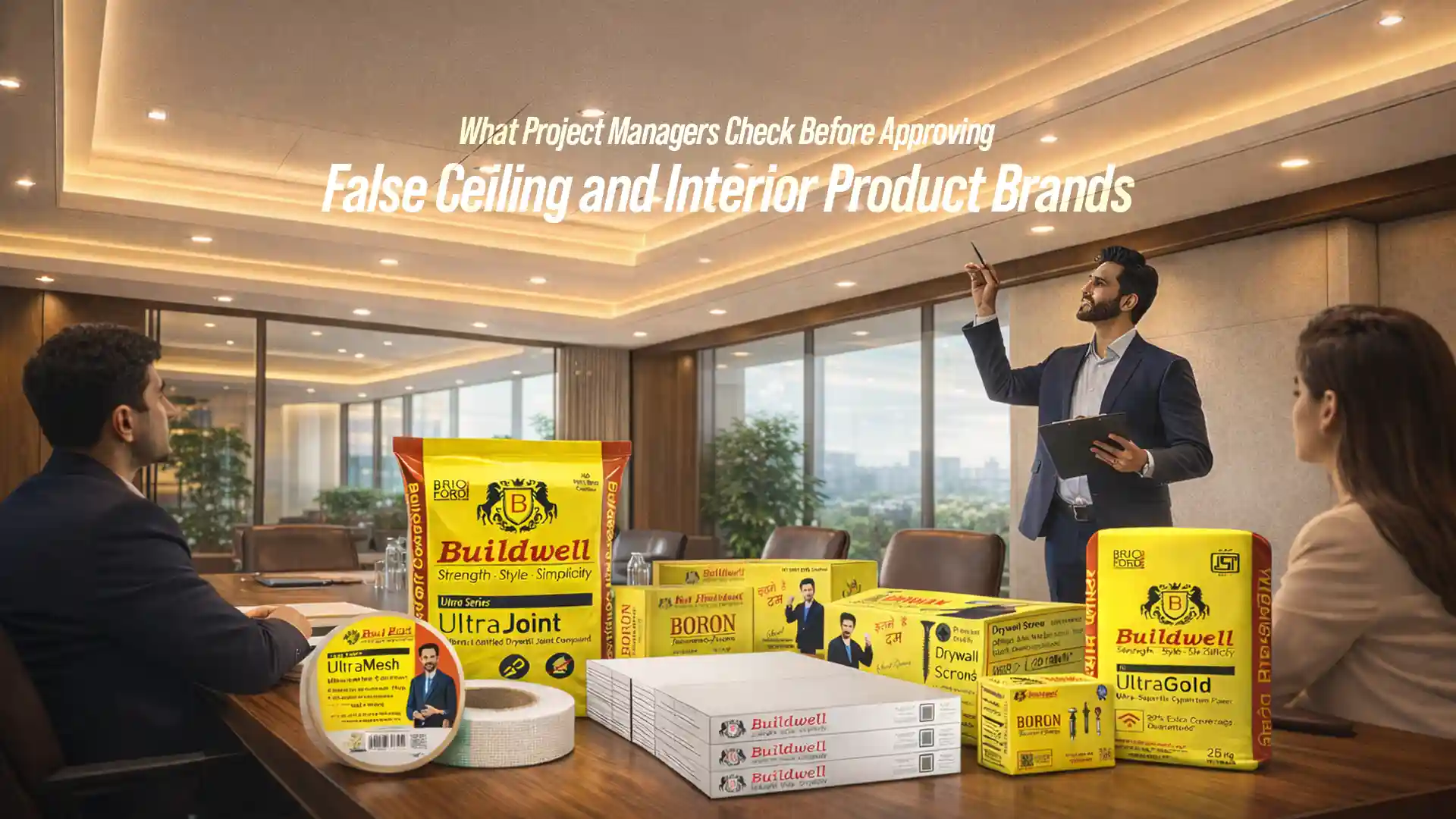 Project managers reviewing false ceiling samples and interior materials in a modern office while evaluating the best false ceiling and interior products in India