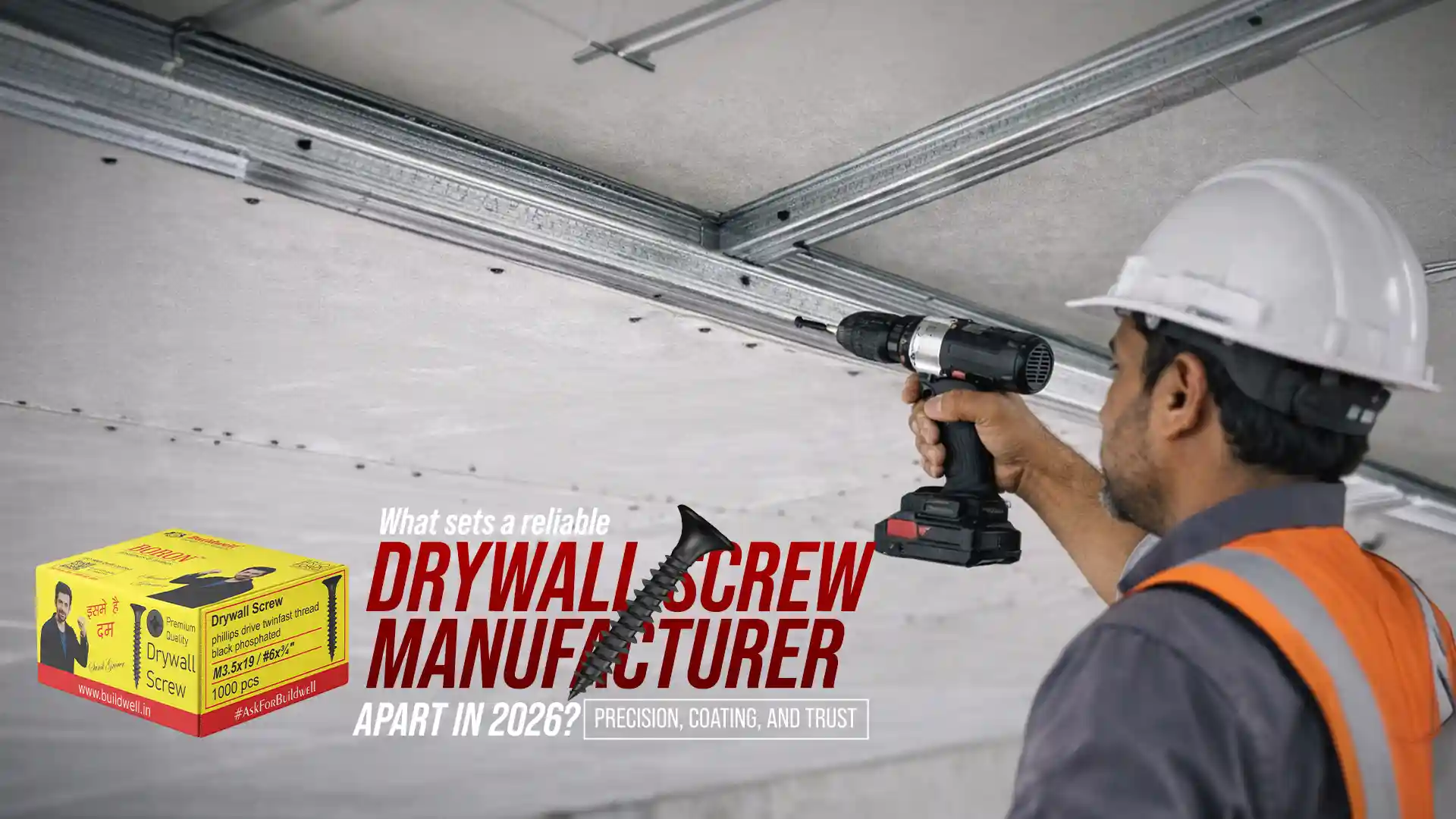 Drywall screw manufacturer in India showing precision fastening of metal framework with high-quality drywall screws