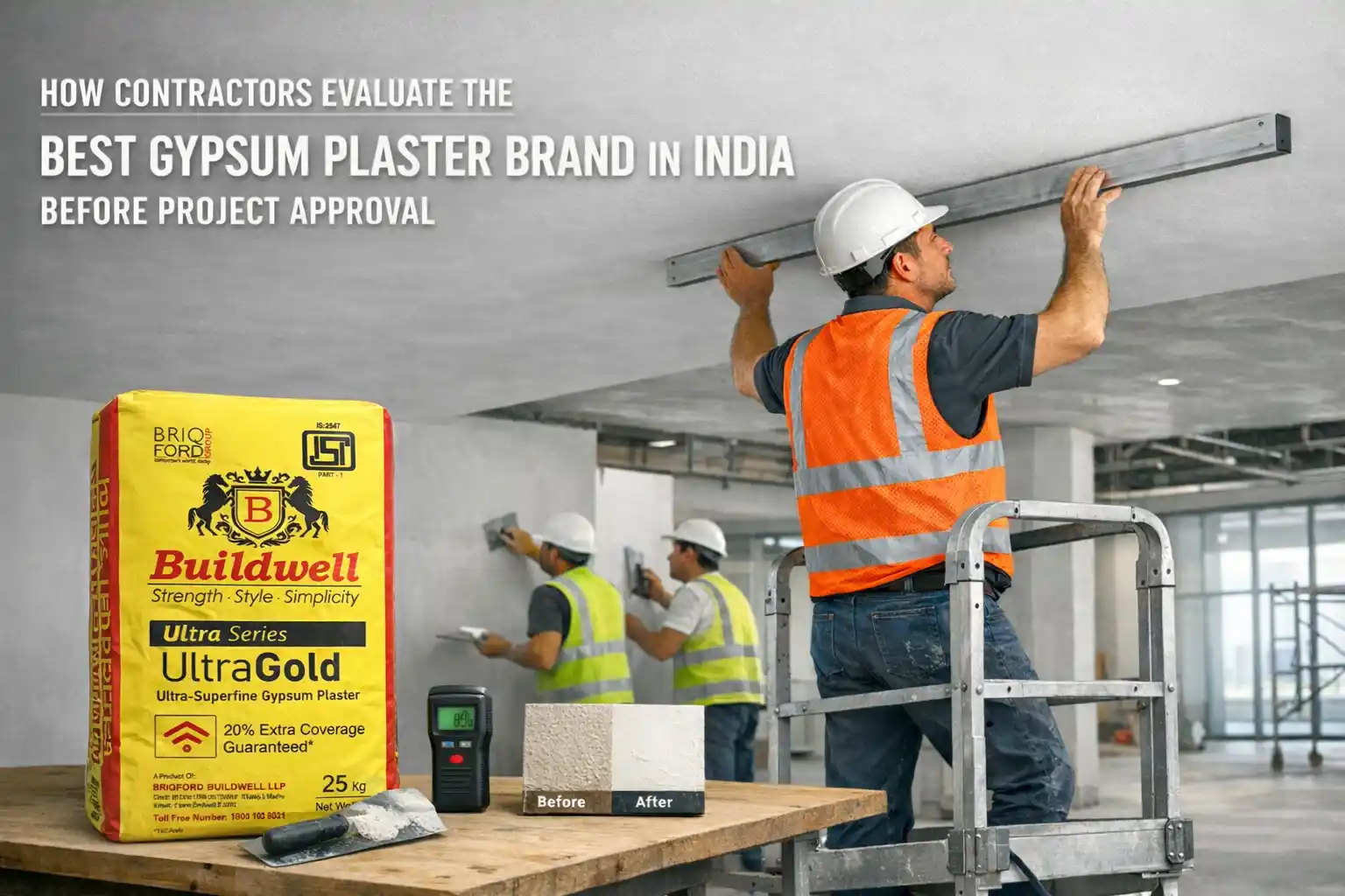 Contractors inspecting wall finish using the Best Gypsum Plaster Brand in India for smooth and durable interior surfaces