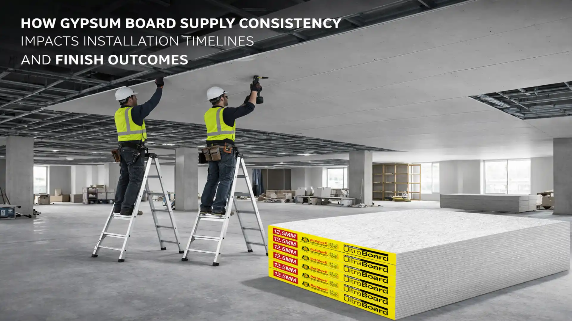 Construction workers installing gypsum boards on a false ceiling frame using ladders with stacked drywall sheets on site – Best Gypsum Board Supplier in India