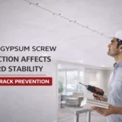 Worker installing drywall using gypsum screw to secure gypsum boards and improve ceiling and wall stability