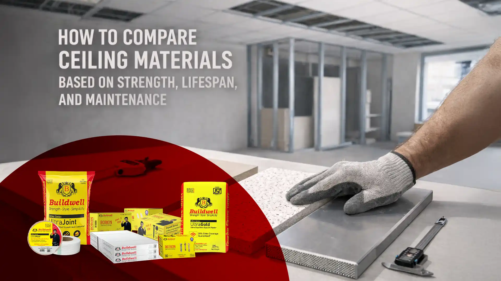 ceiling materials comparison showing gypsum board and ceiling installation tools used for evaluating strength, lifespan, and maintenance