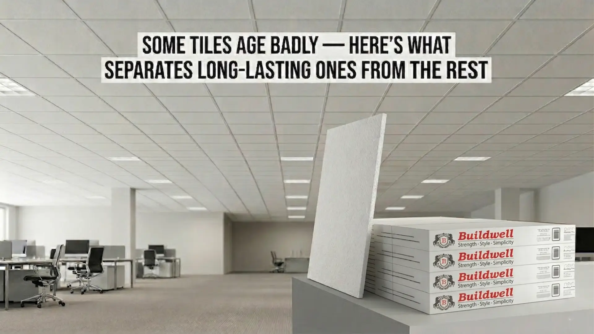Suspended grid ceiling tiles installed in a modern office space with stacked acoustic ceiling tile panels displayed in the foreground