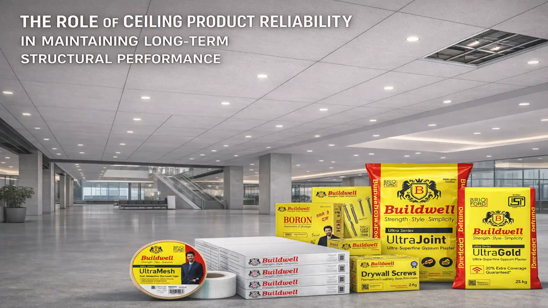 Commercial interior space with installed false ceiling tiles and display of gypsum boards, joint compound, drywall screws, and accessories from the Best Ceiling Products Brand in India