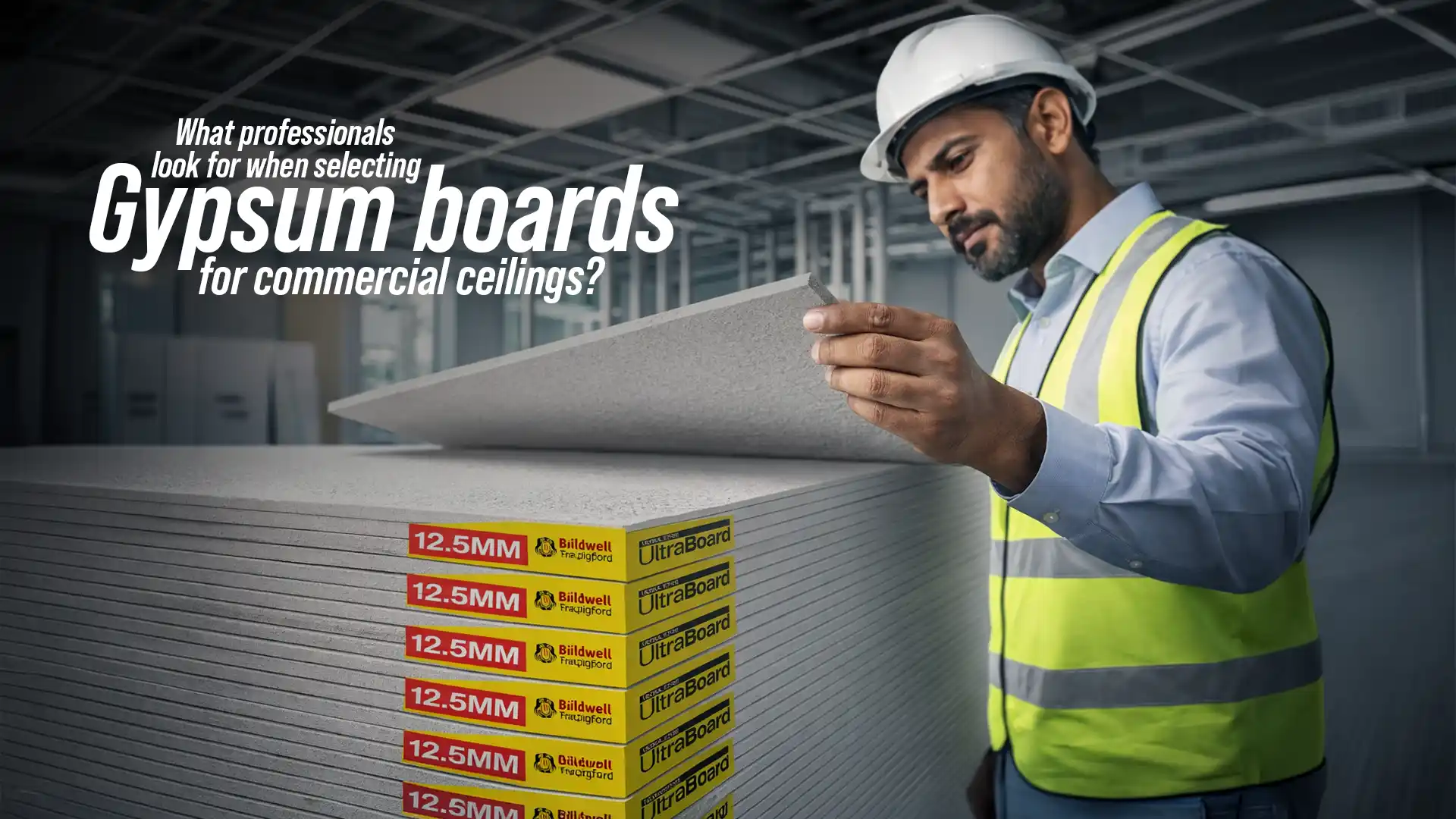 Construction professional inspecting Gypsum Boards used for commercial ceiling installation