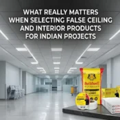 Modern commercial interior with grid false ceiling panels and lighting along with stacked gypsum boards, joint compounds, and accessories – Best False Ceiling and Interior Products in India