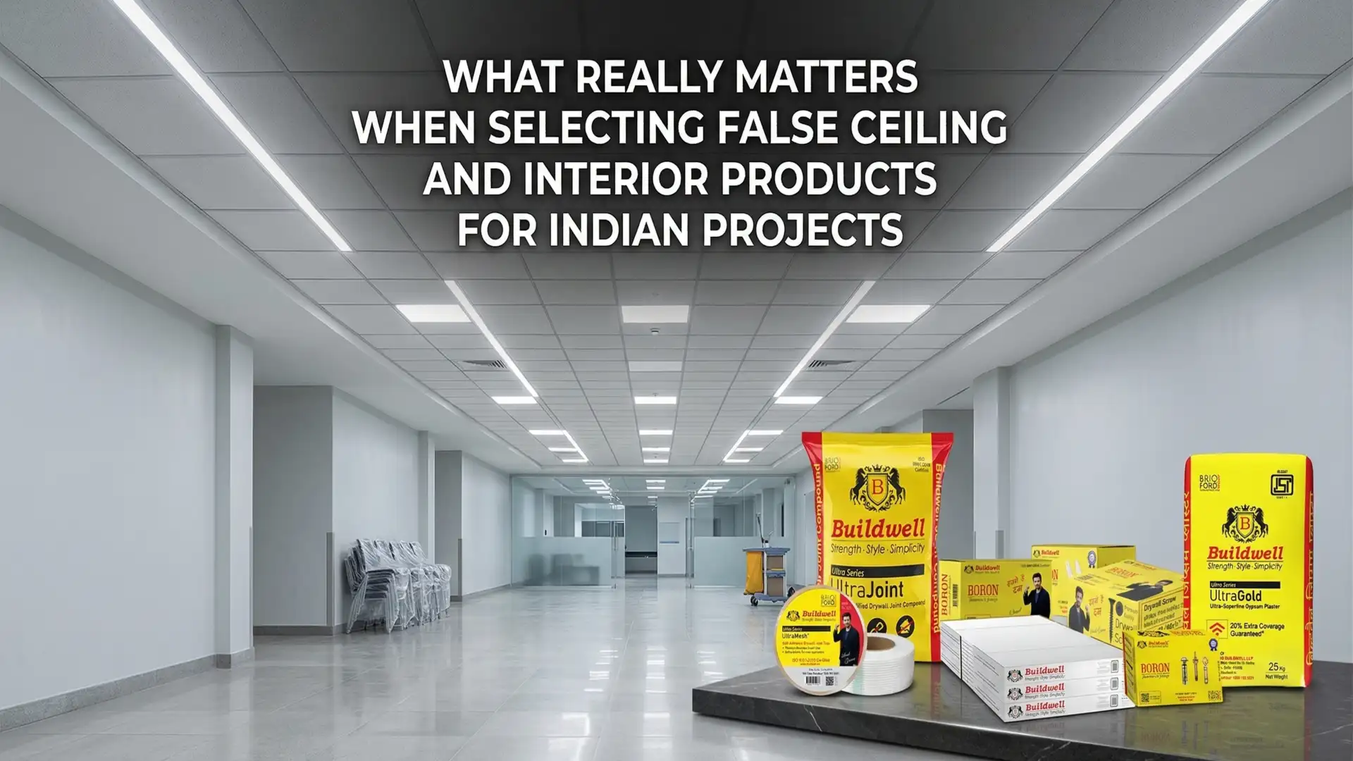 Modern commercial interior with grid false ceiling panels and lighting along with stacked gypsum boards, joint compounds, and accessories – Best False Ceiling and Interior Products in India