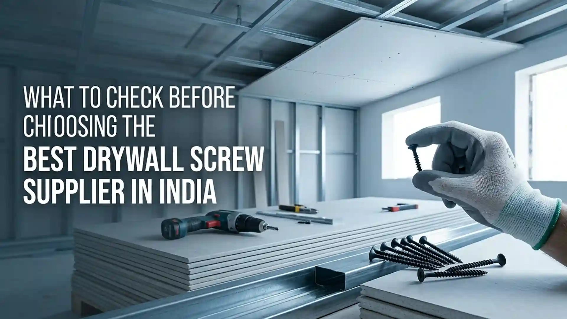 Worker holding a drywall screw near gypsum boards and tools representing the Best Drywall Screw Supplier in India