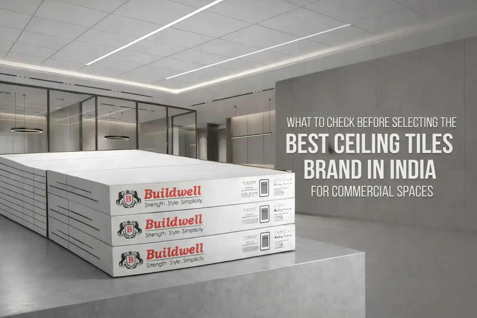 Commercial interior with false ceiling panels from the Best Ceiling Tiles Brand in India for modern office spaces