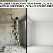 Worker applying local plaster on a ceiling using a trowel while standing on a ladder, compared with a smooth finished interior wall and gypsum plaster bag for ceiling finishing
