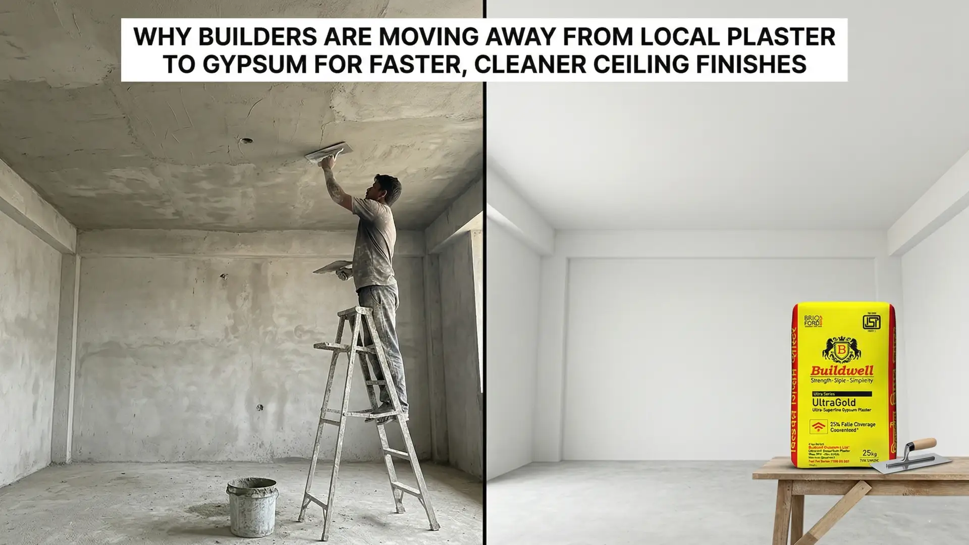 Worker applying local plaster on a ceiling using a trowel while standing on a ladder, compared with a smooth finished interior wall and gypsum plaster bag for ceiling finishing